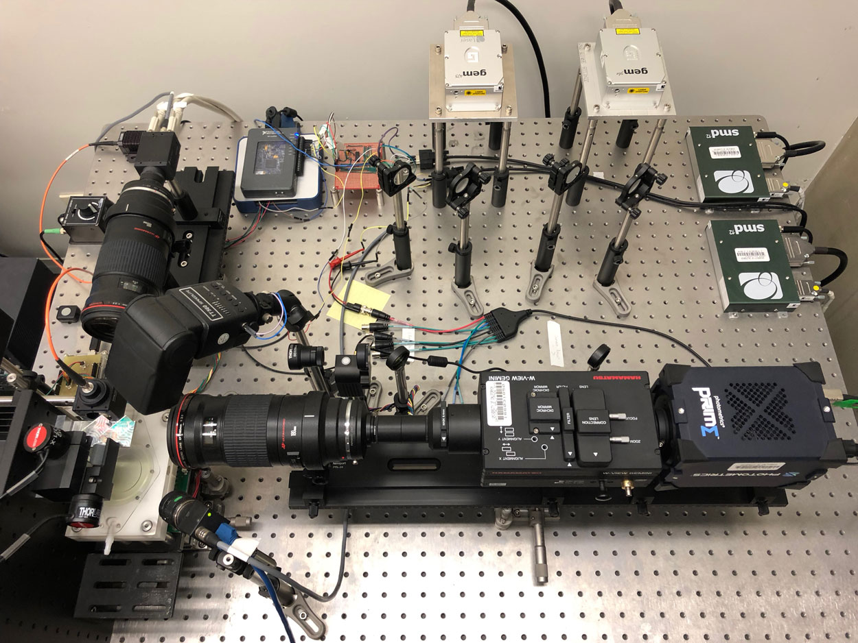 Equipment set up of the Flyception2 imaging system on a silver table